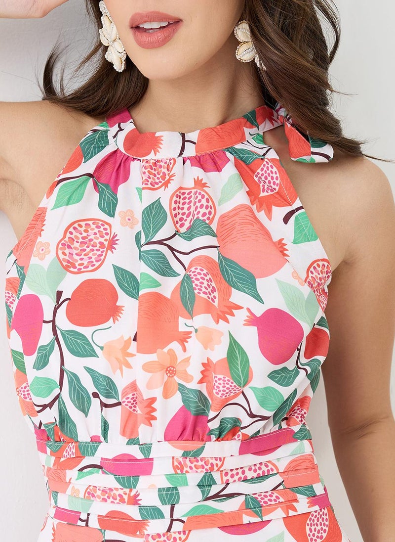 Globus Women Pink Floral & Fruit Print Halter Neck Pleated Detail Flared Fusion Jumpsuit - Image 5